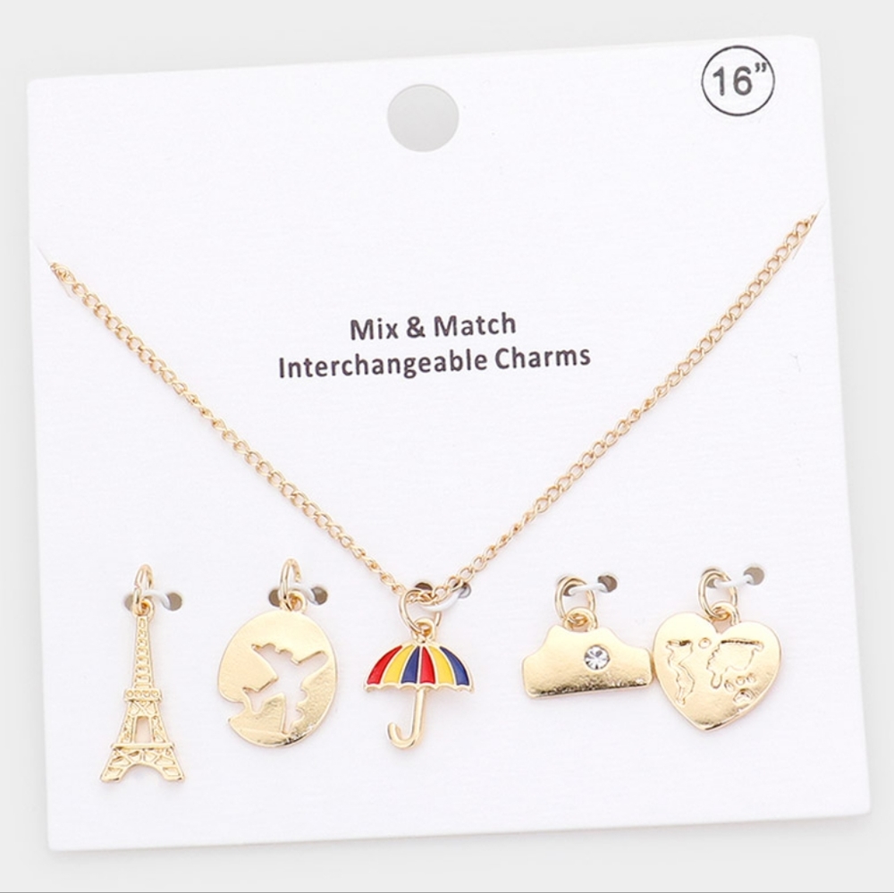 Interchangeable Gold Eiffel Tower Pendant Necklace Heart Cute Crystal Charm Set